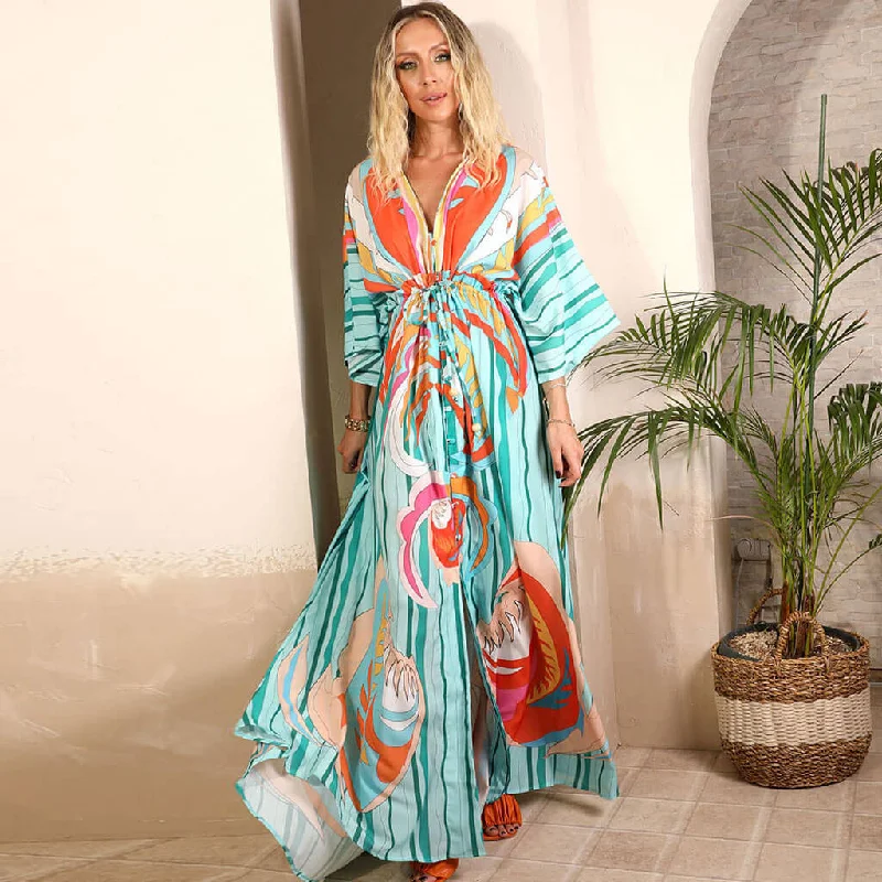 Abstract Print Belted Button Down V Neck Maxi Dress - Green