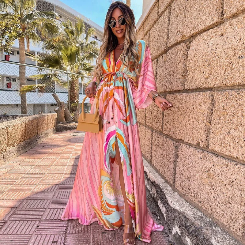 Abstract Print Belted Button Down V Neck Maxi Dress - Pink