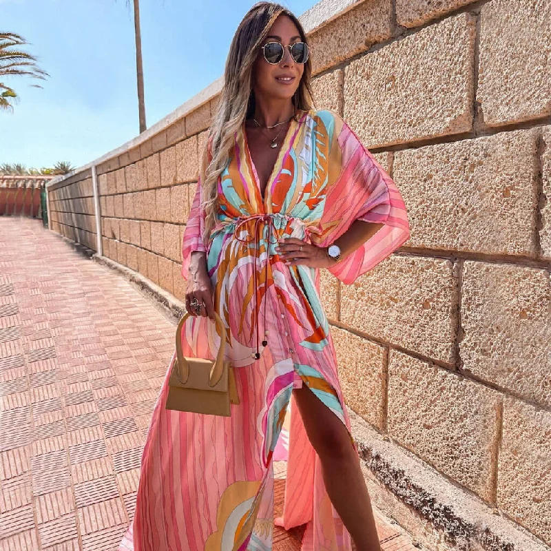 Abstract Print Belted Button Down V Neck Maxi Dress - Pink