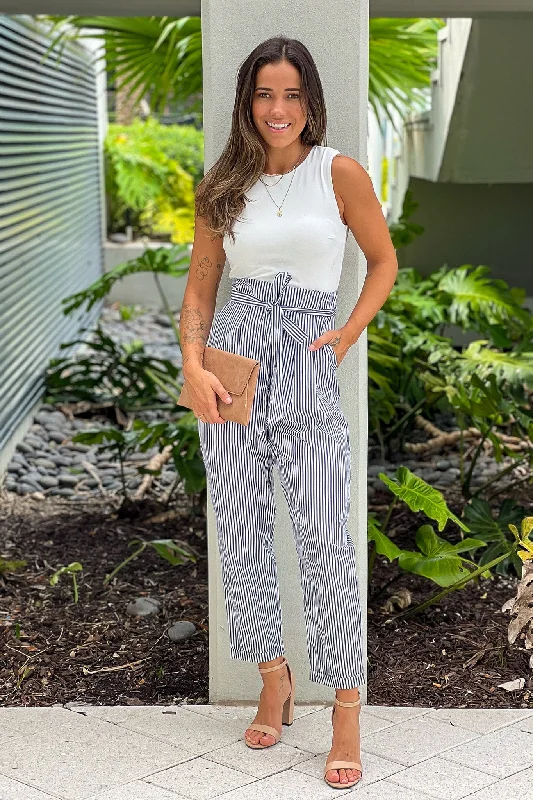 Black Striped Jumpsuit With Tie Belt