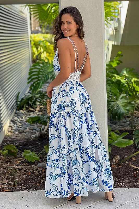 Blue Printed Maxi Dress With Lace Detail