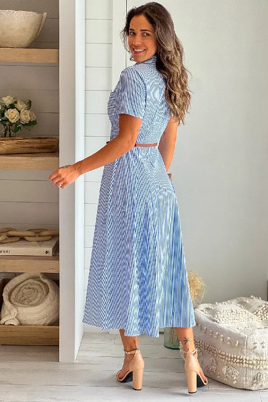 Blue Striped Button Down Dress With Belt