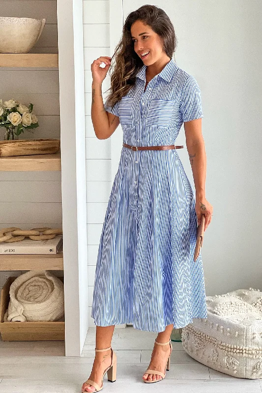 Blue Striped Button Down Dress With Belt