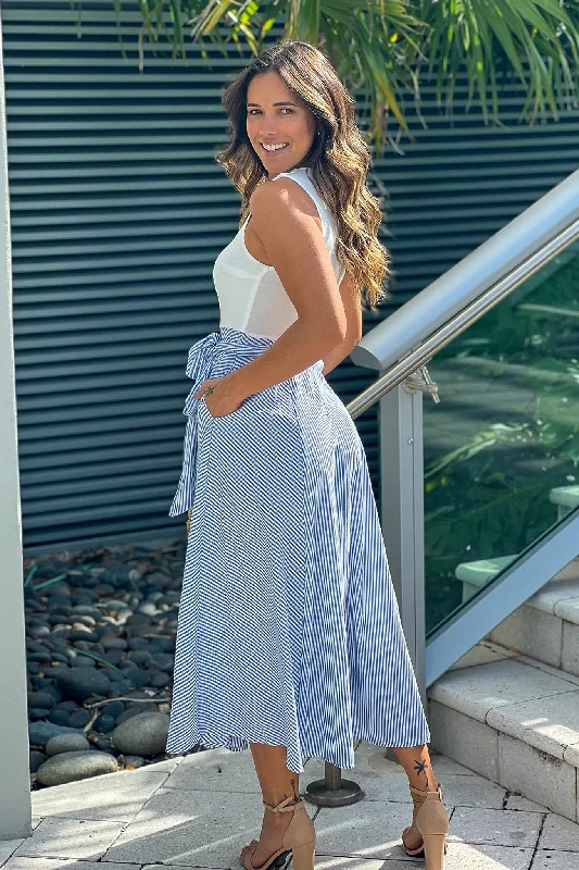 Blue Striped Midi Dress With Slit