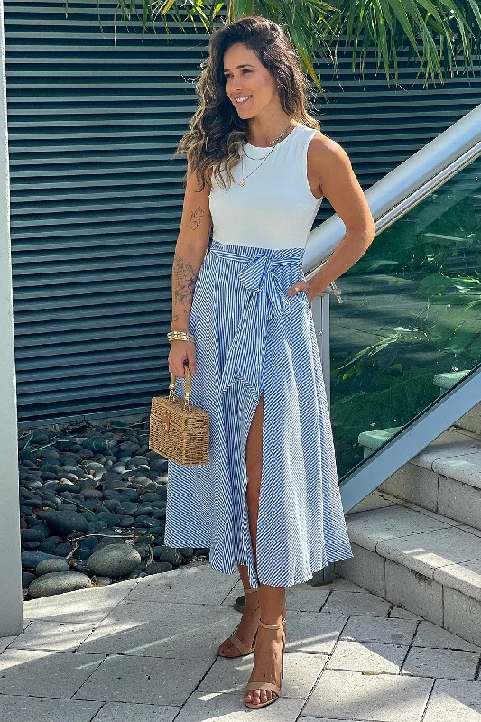 Blue Striped Midi Dress With Slit