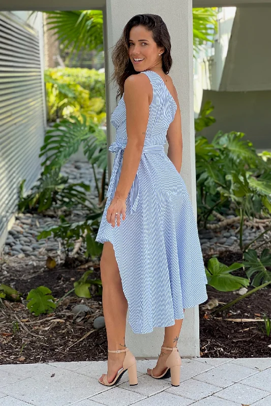 Blue Striped One Shoulder Dress