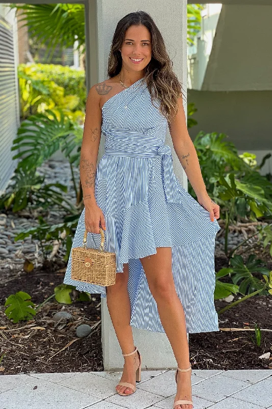 Blue Striped One Shoulder Dress