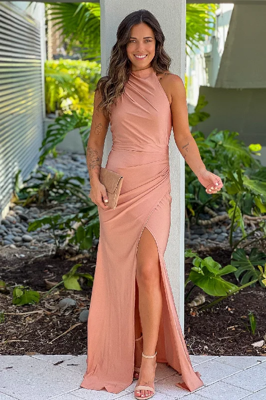 Caramel Halter Maxi Dress With Slit