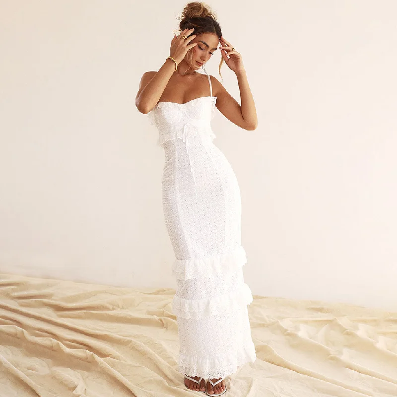 Cute Layered Ruffle Bustier Cami Back Split Broderie Anglaise Maxi Dress