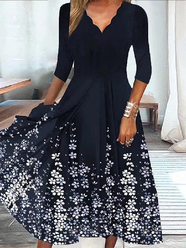 Dresses 3/4 Sleeve V-Neck Floral Maxi Dress for Women