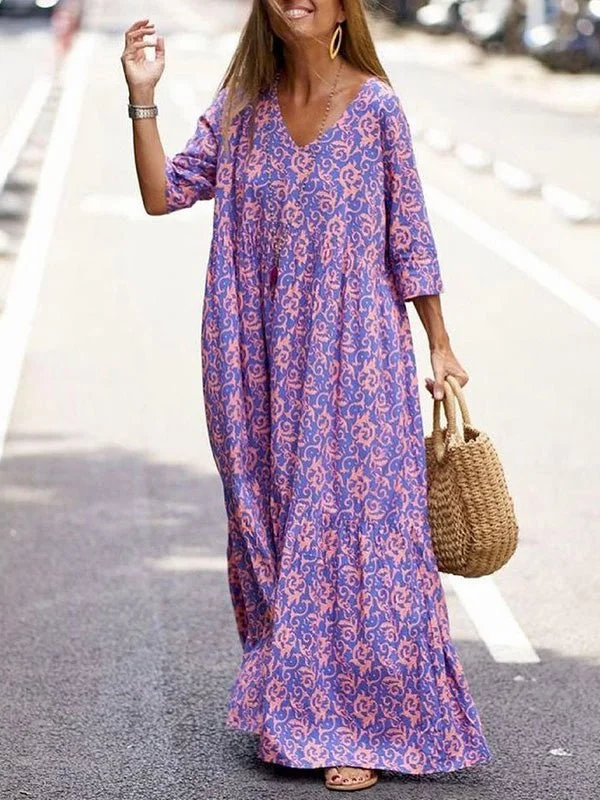 Dresses Loose V-Neck 3/4 Sleeve Print Dress for Women