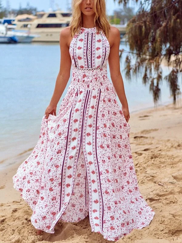 Dresses Printed Backless Sleeveless Halter Neck Maxi Dress for Women