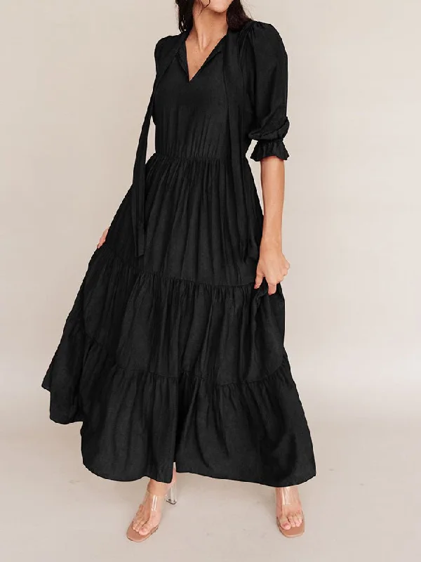 Dresses Ruffle Pleated Loose Medium Sleeve Maxi Dress for Women