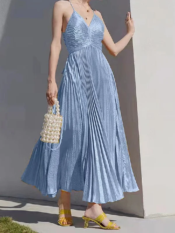 Dresses Solid Strap V-Neck Pleated Maxi Dress for Women