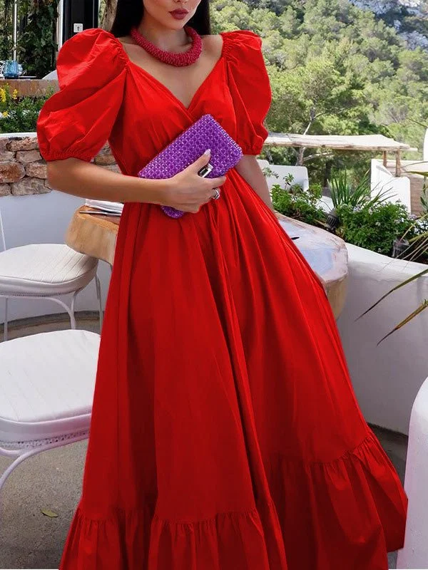 Dresses Solid V-Neck Ruffle Swing Dress for Women