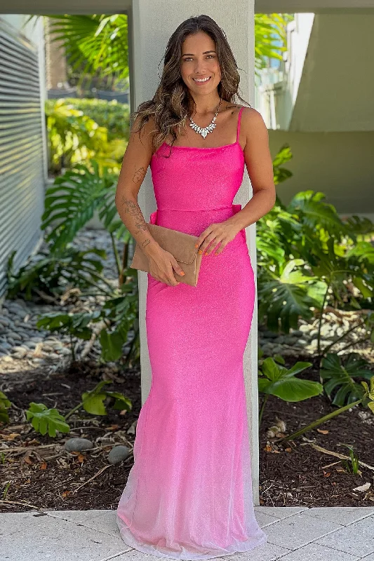 Pink Ombre Glitter Maxi Dress With Back Bow