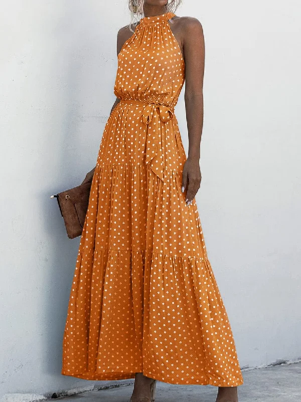 Printed Sleeveless Tie Waist Maxi Dress