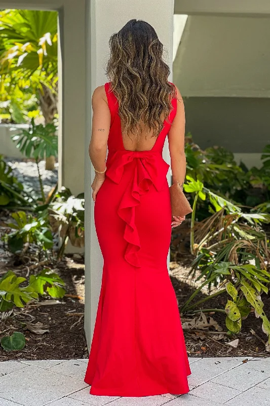 Red Maxi Dress With Open Back And Bow Detail