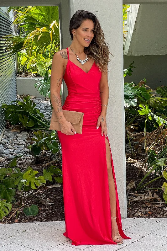 Red Ruched Maxi Dress With Slit