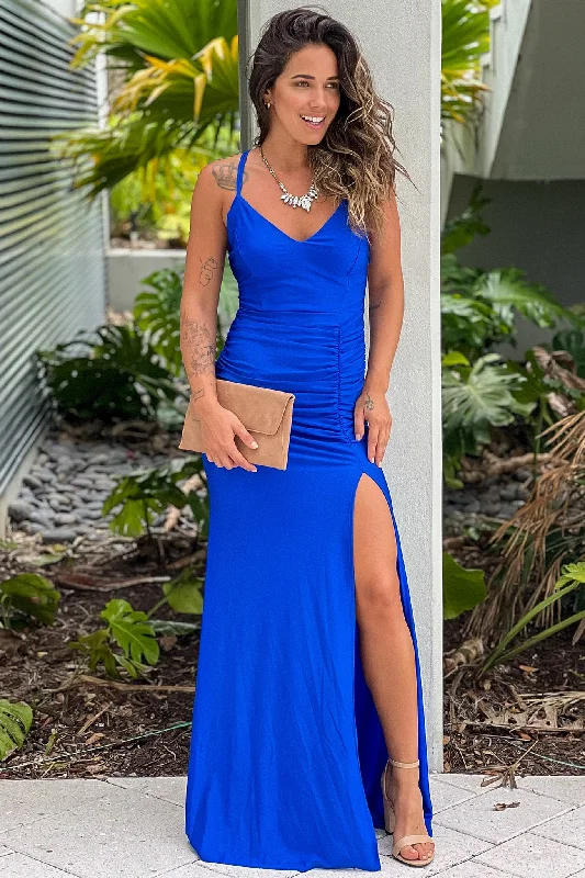 Royal Blue Ruched Maxi Dress With Slit