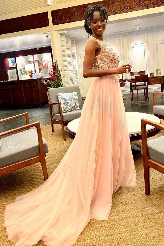 A Line Round Neck Blush Tulle Long Prom Dress with Beading