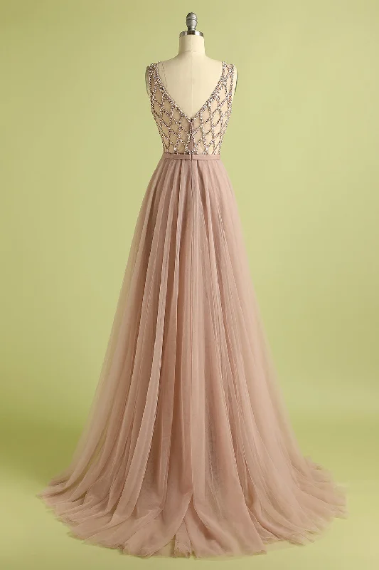 A Line Round Neck Blush Tulle Long Prom Dress with Beading