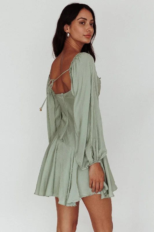 Beaujolais Long Sleeve Cowl Neckline Ruffle Mini Dress Sage