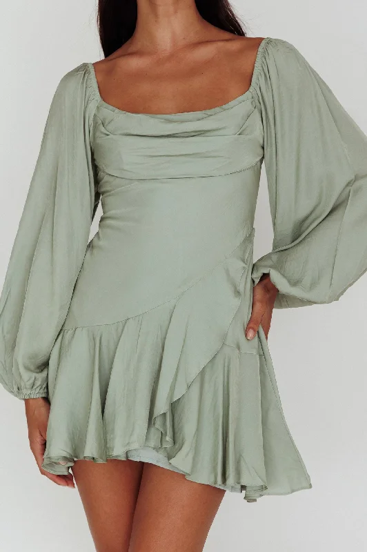 Beaujolais Long Sleeve Cowl Neckline Ruffle Mini Dress Sage