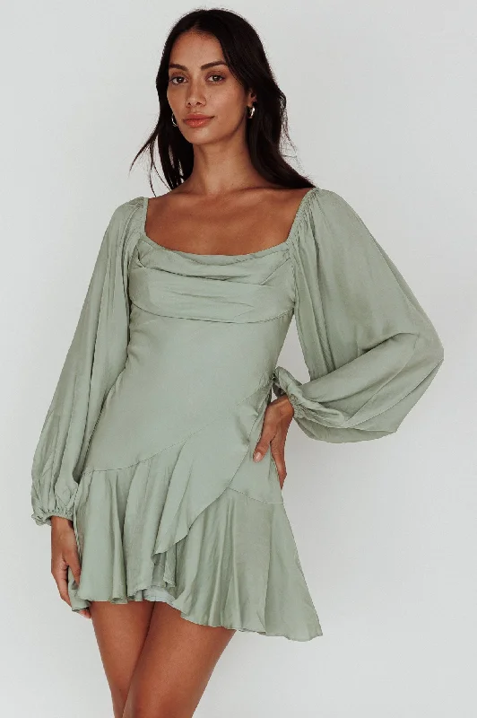 Beaujolais Long Sleeve Cowl Neckline Ruffle Mini Dress Sage