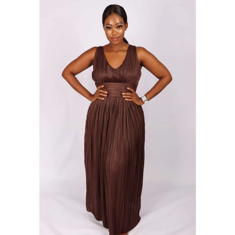 Deep V-Neck Pleated Maxi dress 