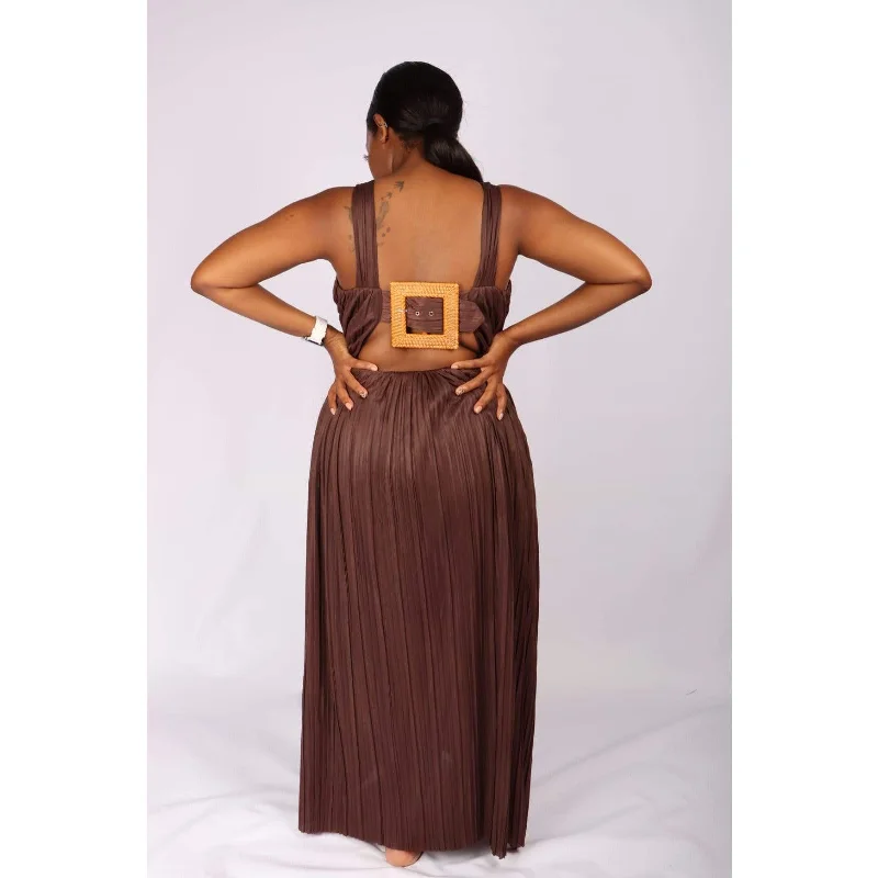 Deep V-Neck Pleated Maxi dress 