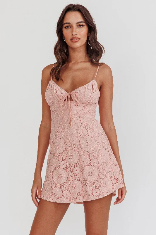 In My Dreams Lace Overlay Tie Bust Dress Pink