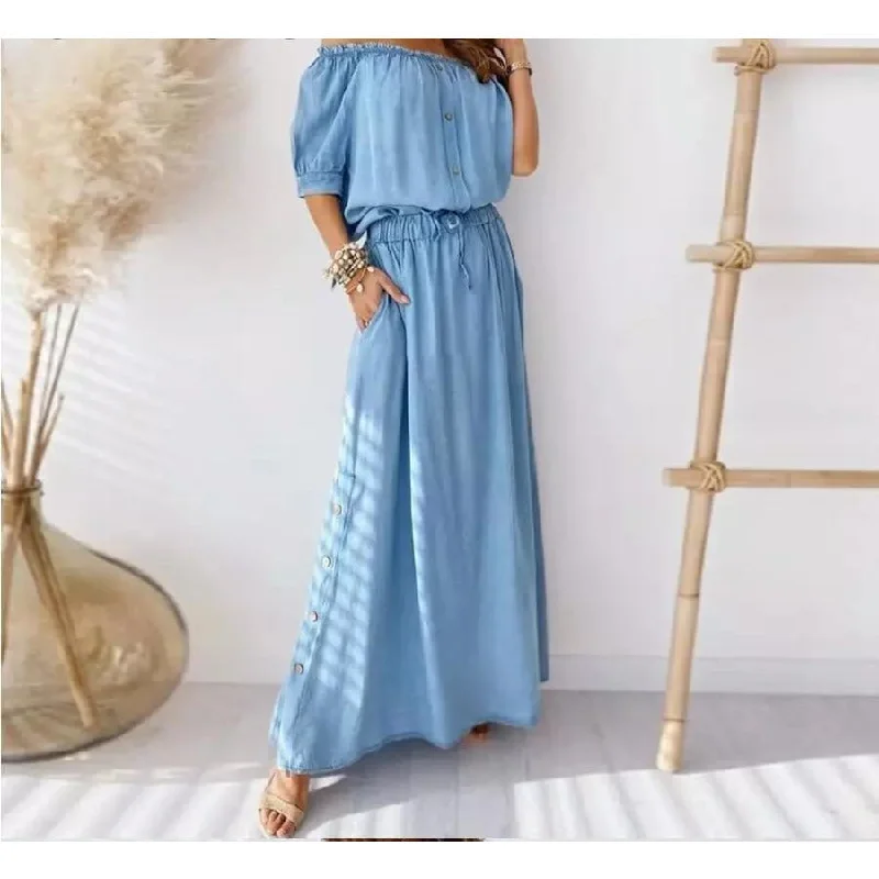 Off Shoulder Button Detailed Denim Dress 