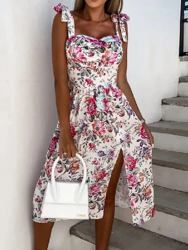 Znbbw Floral Print Sling Dress Women Sexy Slash Neck Slit Sleeveless Midi Dresses Female Elegant Bow Lace-up Boho Dress Vestidos