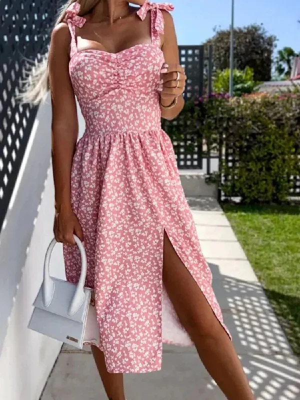 Znbbw Floral Print Sling Dress Women Sexy Slash Neck Slit Sleeveless Midi Dresses Female Elegant Bow Lace-up Boho Dress Vestidos