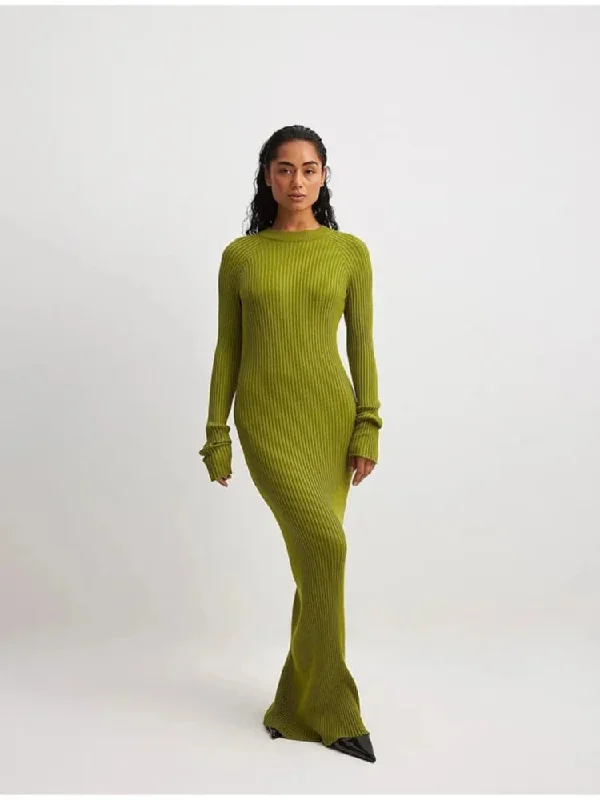 Znbbw Green Ribbed Knitted Dress For Women Fashion Long Sleeve Slim Sweater Dresses 2023 Autumn Winter Party Club Streetwear