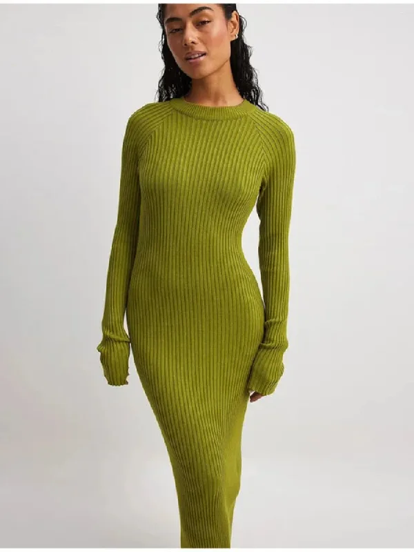 Znbbw Green Ribbed Knitted Dress For Women Fashion Long Sleeve Slim Sweater Dresses 2023 Autumn Winter Party Club Streetwear