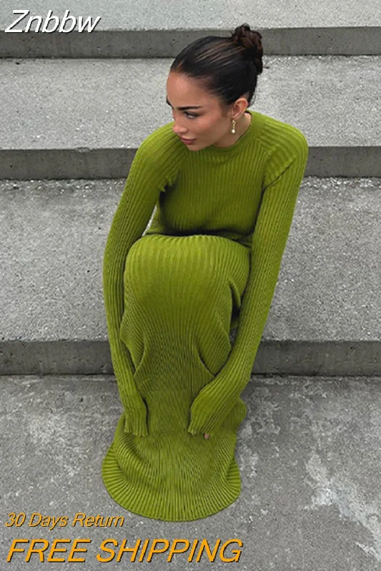 Znbbw Green Ribbed Knitted Dress For Women Fashion Long Sleeve Slim Sweater Dresses 2023 Autumn Winter Party Club Streetwear