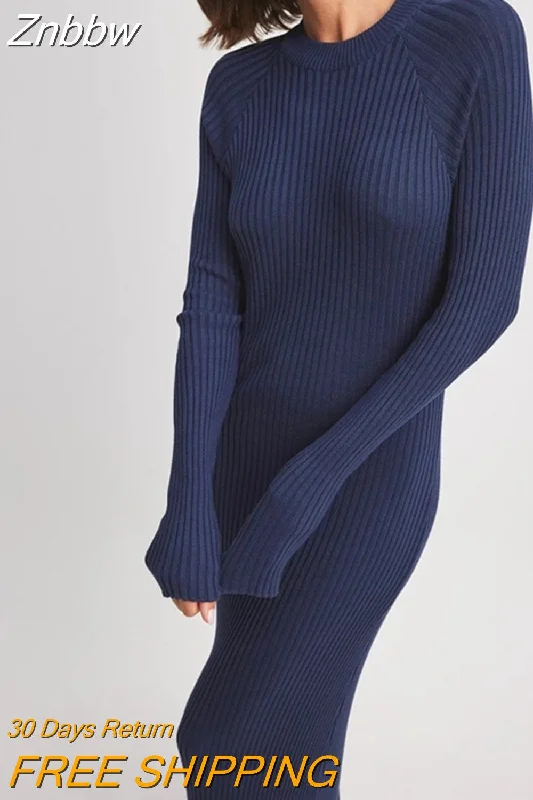 Znbbw Green Ribbed Knitted Dress For Women Fashion Long Sleeve Slim Sweater Dresses 2023 Autumn Winter Party Club Streetwear