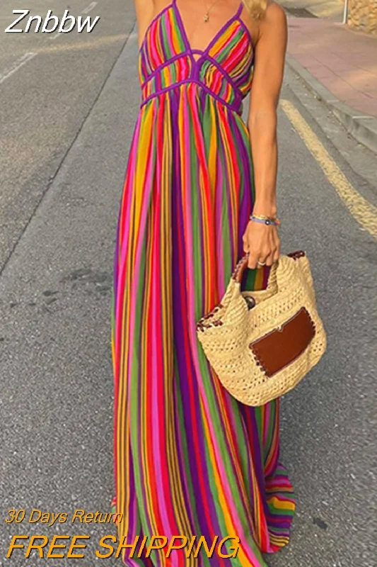 Znbbw Ladies V-neck Sleeveless High Waist Long Dress Fashion Hollow Backless Bohemian Dresses Summer Beach Colorful Stripe Dress