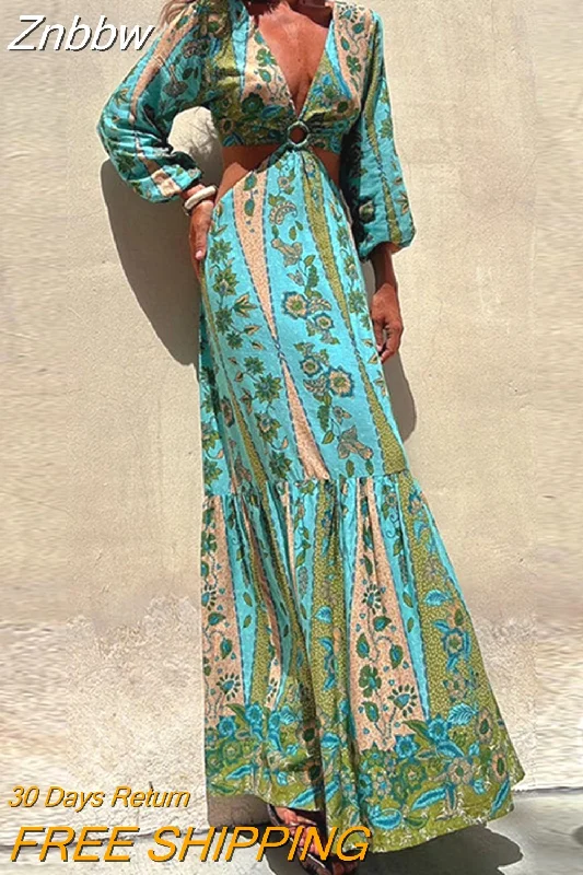 Znbbw Pattern Printed Hollow Long Dress 2023 New Summer Ladies Deep V Bohemian Dress Elegant High Waist Pleated Robe Dresses