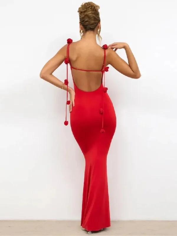 Znbbw Red 3D Flower Backless Maxi Dress For Women Off Shoulder Sleeveless Sling Dresses Winter Female Party Club Sexy Robe