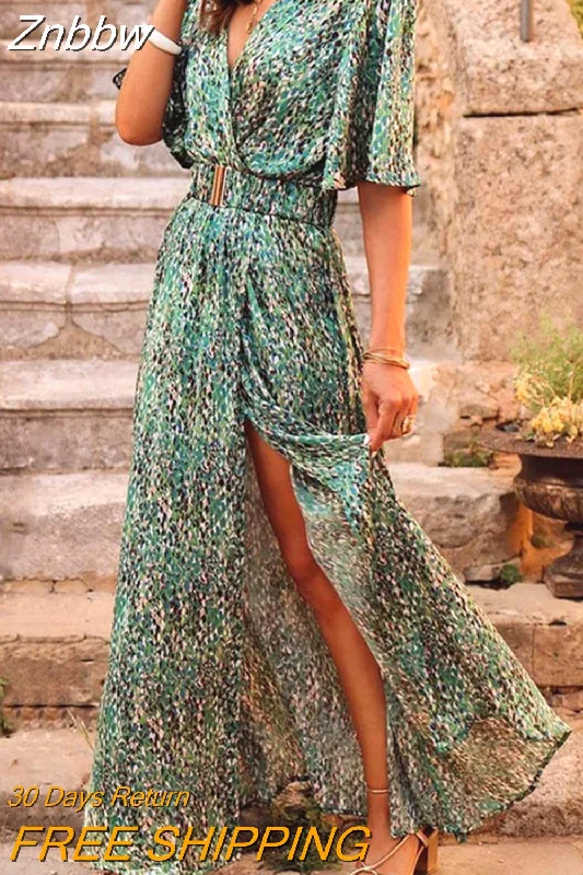 Znbbw Retro Floral Print Long Dress 2023 Summer Half Sleeve Cross V-neck Beach Dress Women Fashion Casual Loose High Slit Dresses