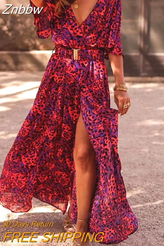 Znbbw Retro Floral Print Long Dress 2023 Summer Half Sleeve Cross V-neck Beach Dress Women Fashion Casual Loose High Slit Dresses