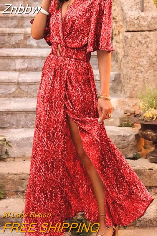 Znbbw Retro Floral Print Long Dress 2023 Summer Half Sleeve Cross V-neck Beach Dress Women Fashion Casual Loose High Slit Dresses