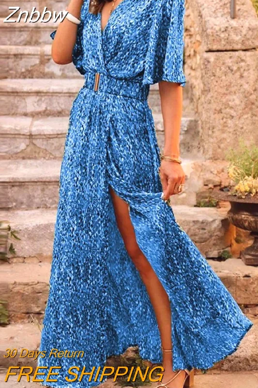 Znbbw Retro Floral Print Long Dress 2023 Summer Half Sleeve Cross V-neck Beach Dress Women Fashion Casual Loose High Slit Dresses