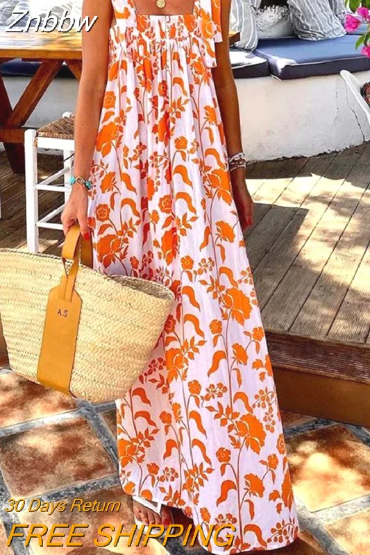 Znbbw Summer Bohemian Print Long Dress Women Fashion Sling Tie-up Square Neck Beach Dress Ladies Casual Sleeveless Backless Dress