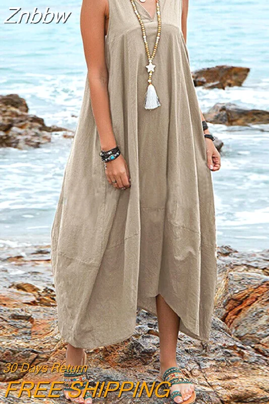 Znbbw Summer Casual Solid Sleeveless V-Neck Long Dress Women Fashion Loose Backless Chic Lace-Up Dress Simple Linen Big Hem Dress