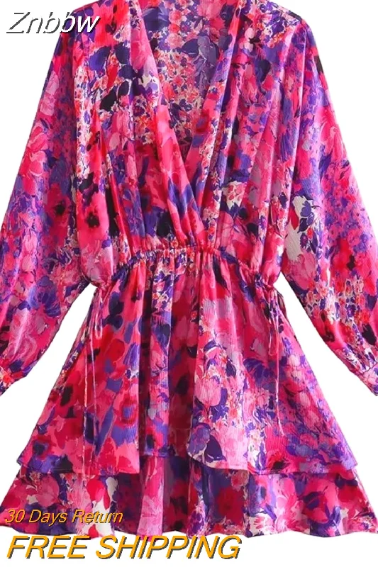 Znbbw TRAF Women 2023 Fashion Floral Print Chiffon Mini Dress Long Sleeve Elegant Ruffles Dresses Female Party Dress Vestidos