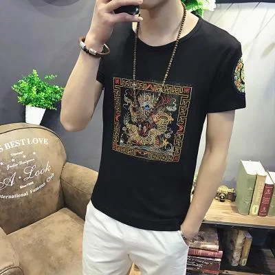 2023 new summer new Chinese style dragon embroidery linen button short-sleeved plus fat plus size trendy short-sleeved T-shirt